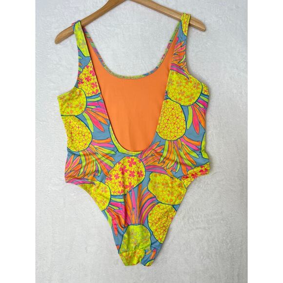 Chubbies One Piece Pineapple Neon Beach Miami 80s Vacation Low Back Sexy sz L - Picture 5 of 8